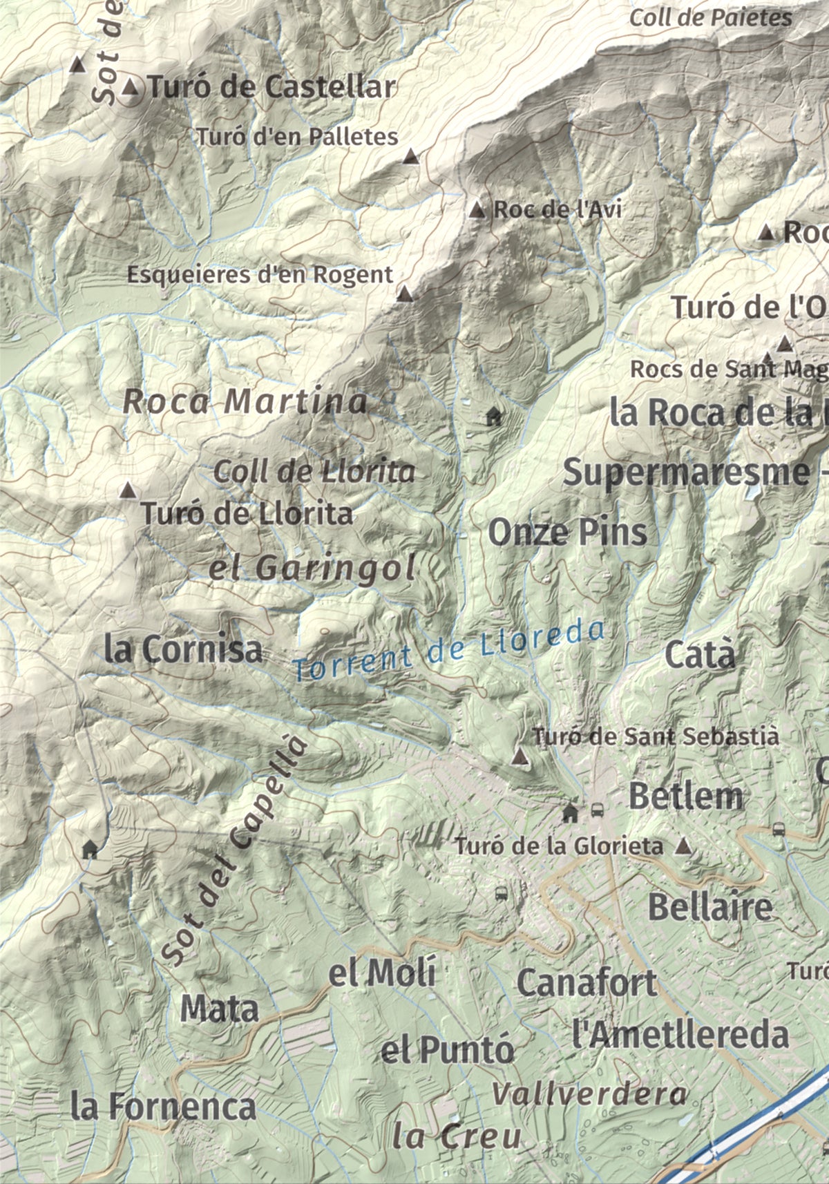 Mapa de relieve de Montalt, 597 m, Maresme, lámina 100 Cims de Trobart. Detalle de la zona inferior izquierda. 21 × 30 cm.