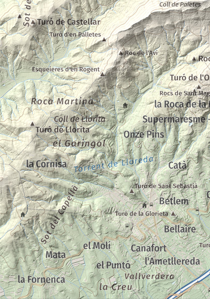 Mapa de relieve de Montalt, 597 m, Maresme, lámina 100 Cims de Trobart. Detalle de la zona inferior izquierda. 21 × 30 cm.