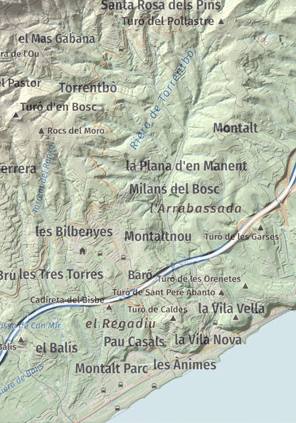 Mapa de relieve de Montalt, 597 m, Maresme, lámina 100 Cims de Trobart. Detalle de la zona inferior derecha. 21 × 30 cm.