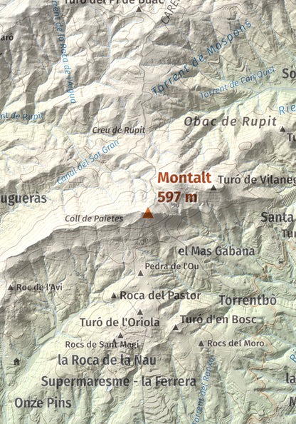 Mapa de relieve de Montalt, 597 m, Maresme, lámina 100 Cims de Trobart. Detalle de la zona central. 21 × 30 cm.