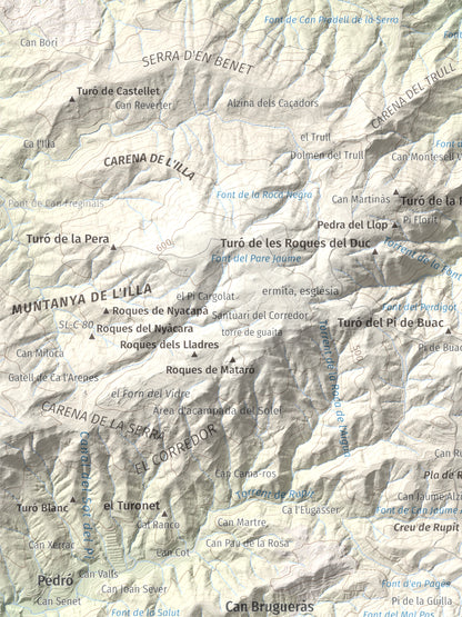 Mapa de relieve de Montalt, 597 m, Maresme, lámina 100 Cims de Trobart. Detalle de la zona superior izquierda. 30 × 40 cm.