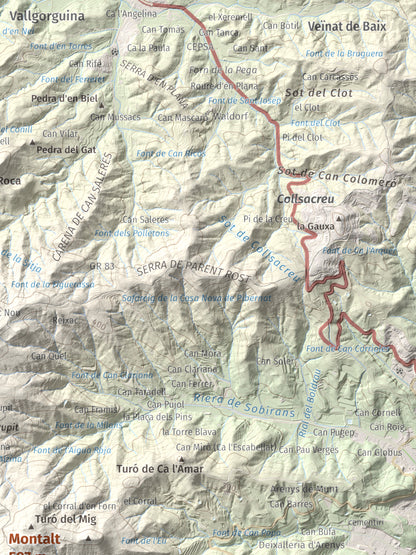 Mapa de relieve de Montalt, 597 m, Maresme, lámina 100 Cims de Trobart. Detalle de la zona superior derecha. 30 × 40 cm.