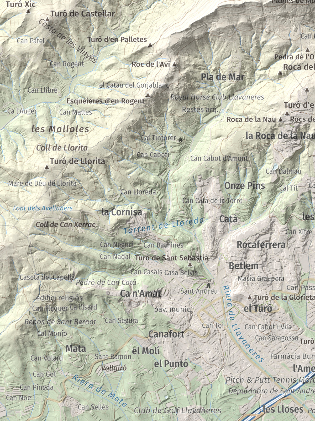 Mapa de relieve de Montalt, 597 m, Maresme, lámina 100 Cims de Trobart. Detalle de la zona inferior izquierda. 30 × 40 cm.