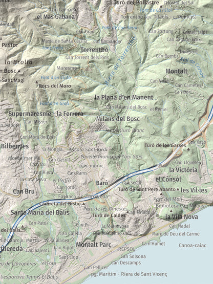 Mapa de relieve de Montalt, 597 m, Maresme, lámina 100 Cims de Trobart. Detalle de la zona inferior derecha. 30 × 40 cm.