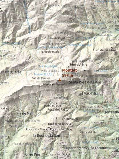 Mapa de relieve de Montalt, 597 m, Maresme, lámina 100 Cims de Trobart. Detalle de la zona central. 30 × 40 cm.