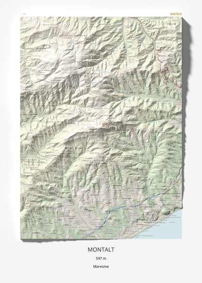 Mapa de relieve de Montalt, 597 m, Maresme, lámina 100 Cims de Trobart 50 × 70 cm.