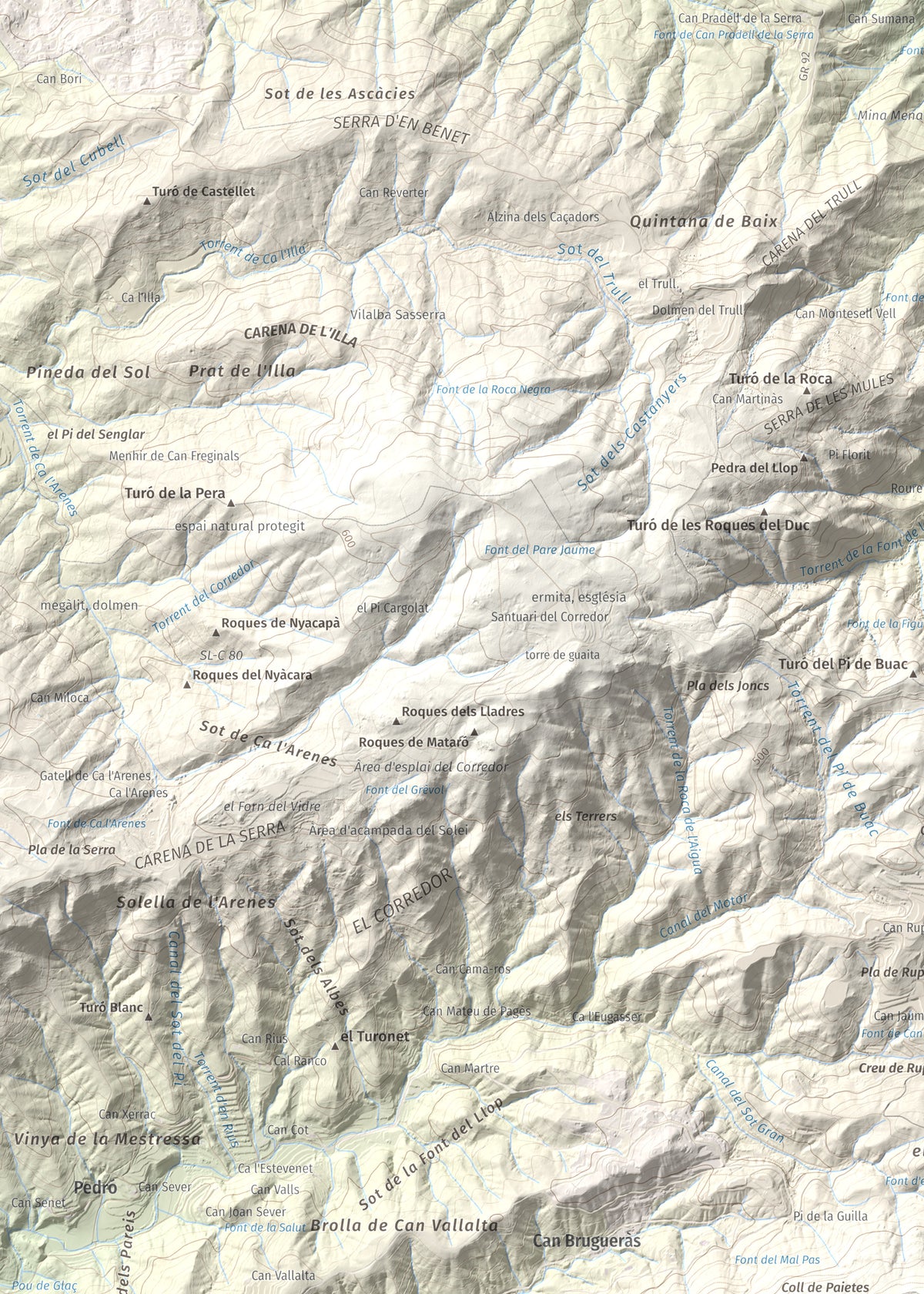 Mapa de relieve de Montalt, 597 m, Maresme, lámina 100 Cims de Trobart. Detalle de la zona superior izquierda. 50 × 70 cm.