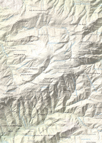 Mapa de relieve de Montalt, 597 m, Maresme, lámina 100 Cims de Trobart. Detalle de la zona superior izquierda. 50 × 70 cm.