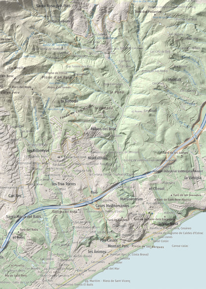 Mapa de relieve de Montalt, 597 m, Maresme, lámina 100 Cims de Trobart. Detalle de la zona inferior derecha. 50 × 70 cm.