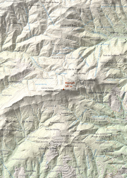 Mapa de relieve de Montalt, 597 m, Maresme, lámina 100 Cims de Trobart. Detalle de la zona central. 50 × 70 cm.