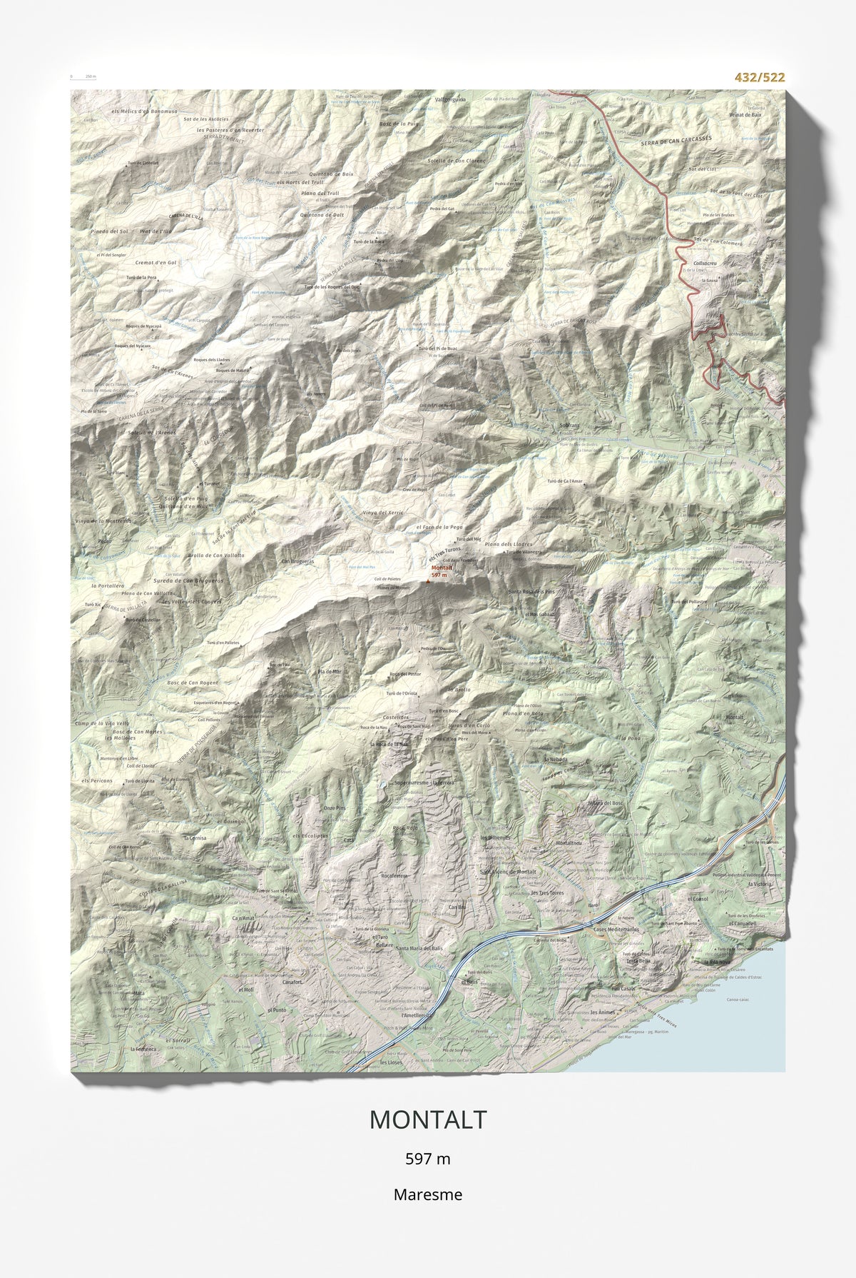 Mapa de relieve de Montalt, 597 m, Maresme, lámina 100 Cims de Trobart 61 × 91 cm.