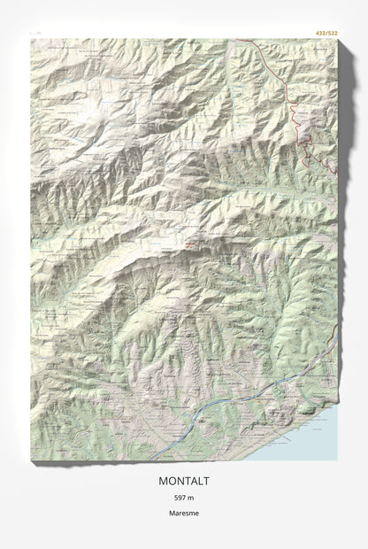 Mapa de relieve de Montalt, 597 m, Maresme, lámina 100 Cims de Trobart 61 × 91 cm.