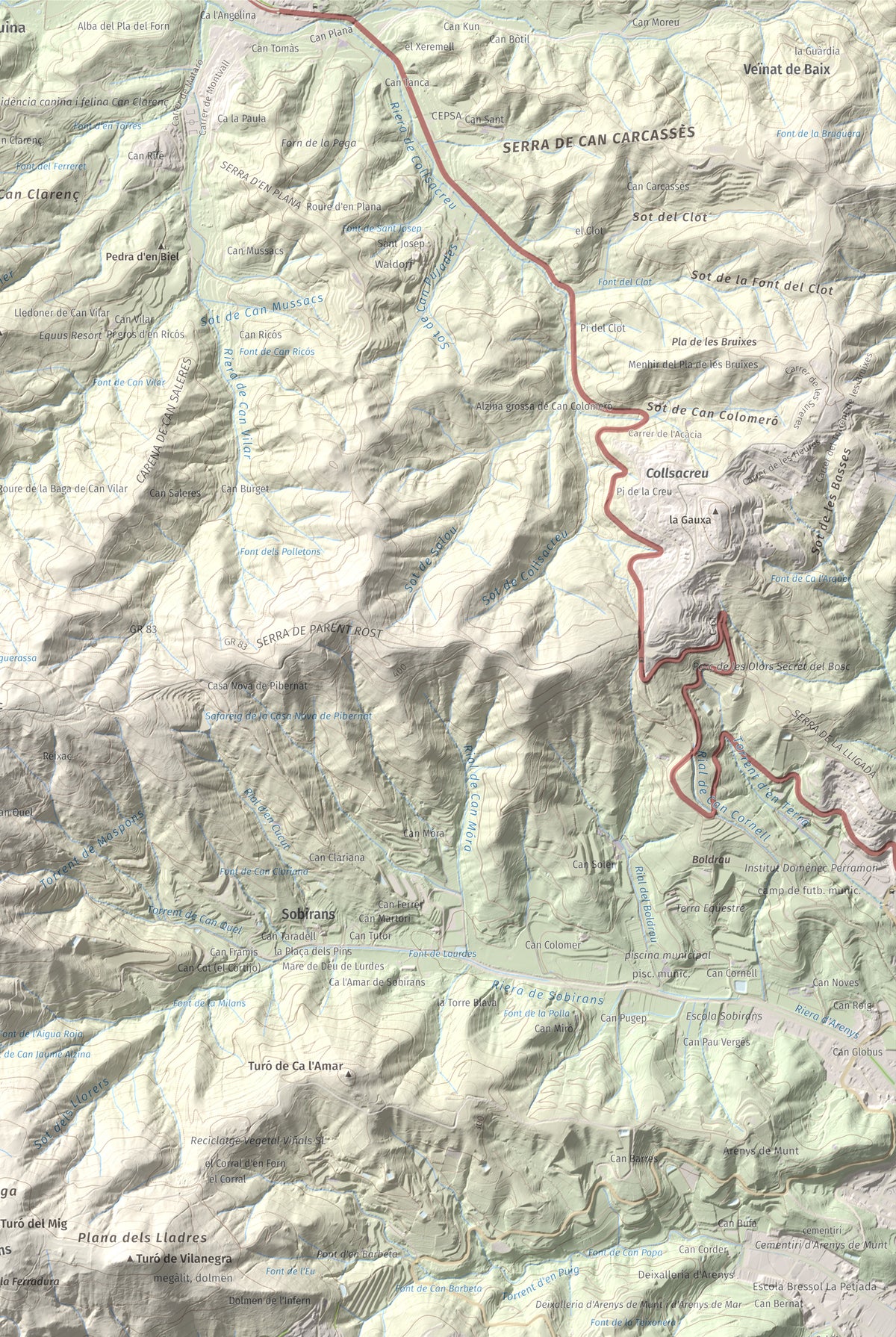 Mapa de relieve de Montalt, 597 m, Maresme, lámina 100 Cims de Trobart. Detalle de la zona superior derecha. 61 × 91 cm.