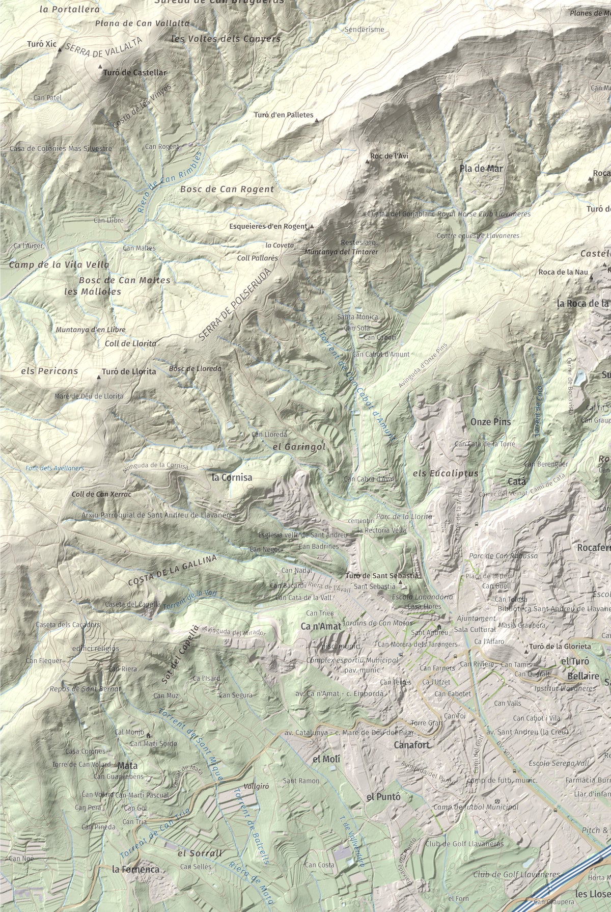 Mapa de relieve de Montalt, 597 m, Maresme, lámina 100 Cims de Trobart. Detalle de la zona inferior izquierda. 61 × 91 cm.