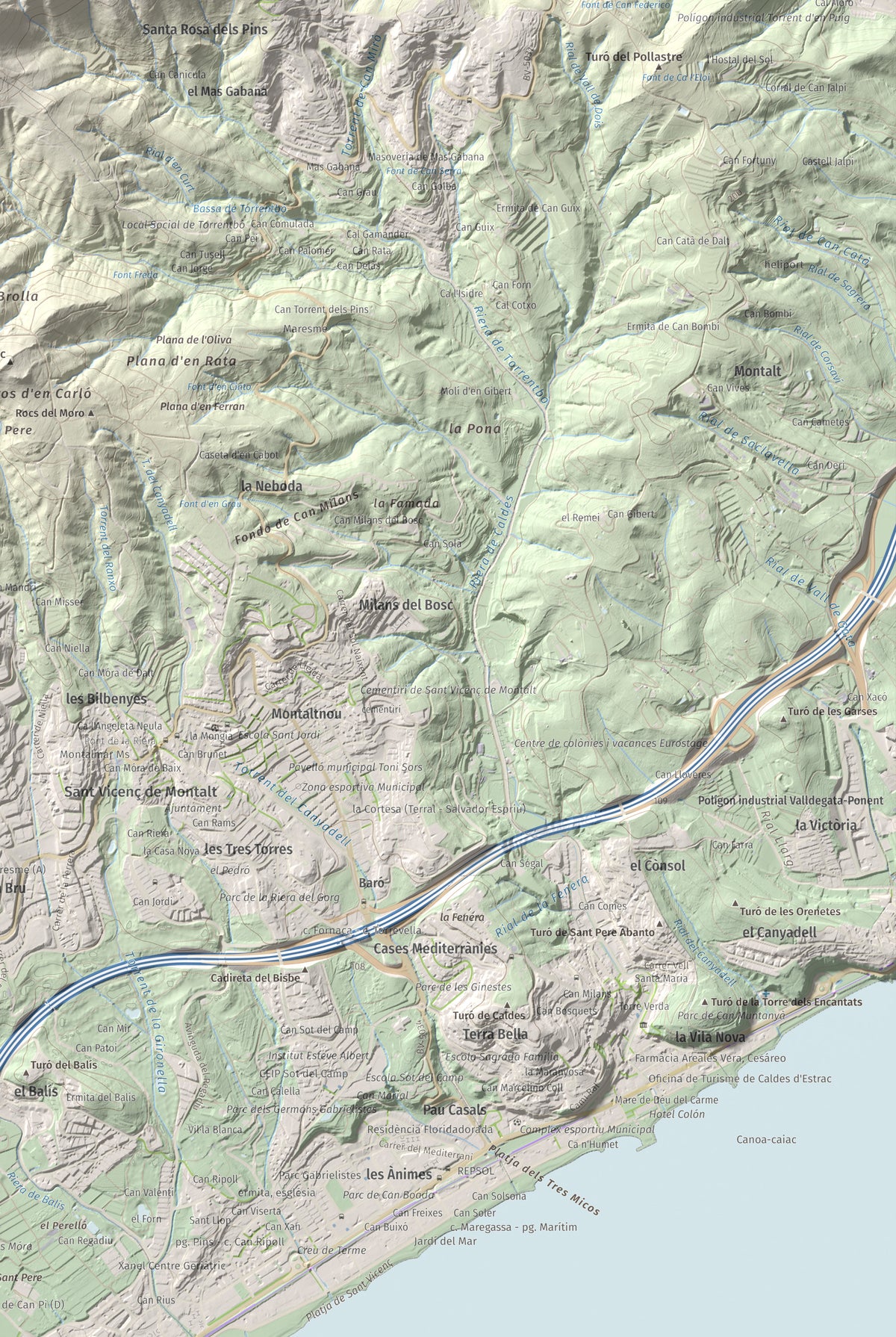 Mapa de relieve de Montalt, 597 m, Maresme, lámina 100 Cims de Trobart. Detalle de la zona inferior derecha. 61 × 91 cm.