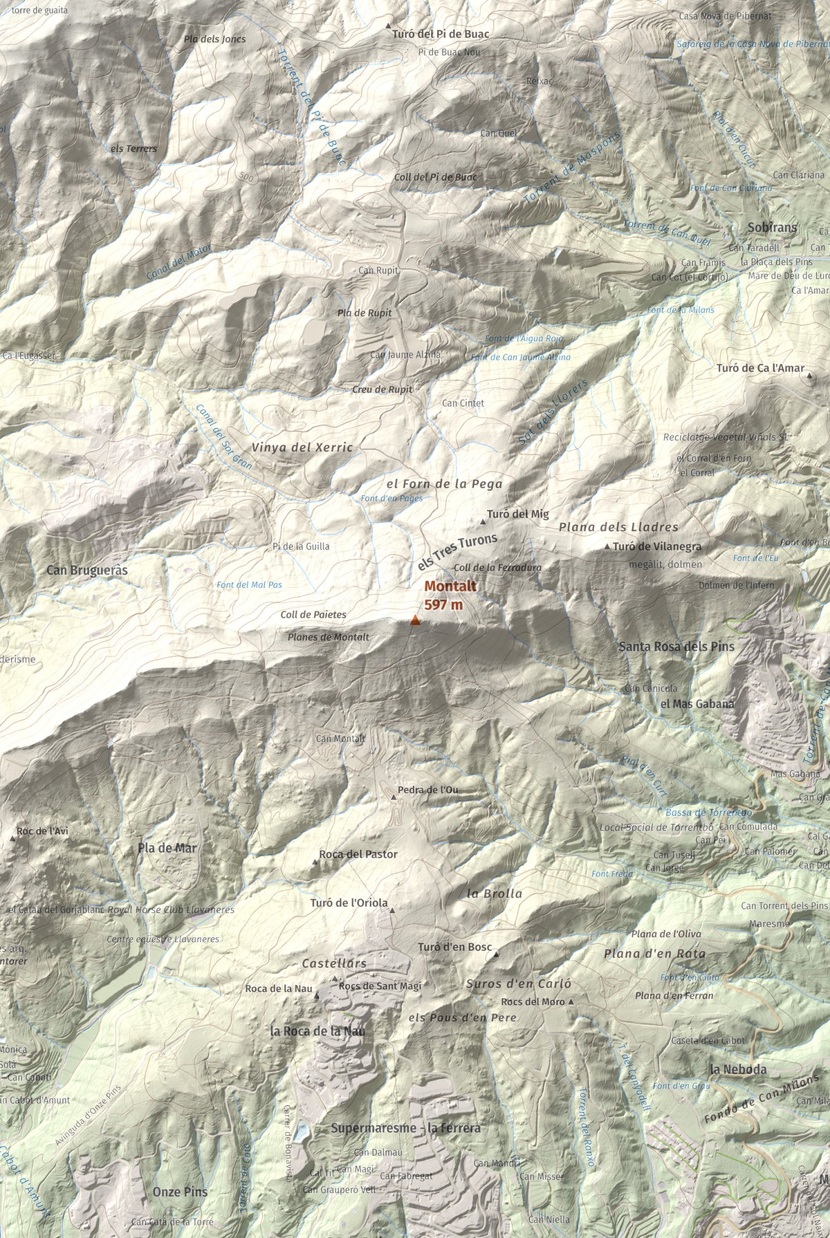 Mapa de relieve de Montalt, 597 m, Maresme, lámina 100 Cims de Trobart. Detalle de la zona central. 61 × 91 cm.