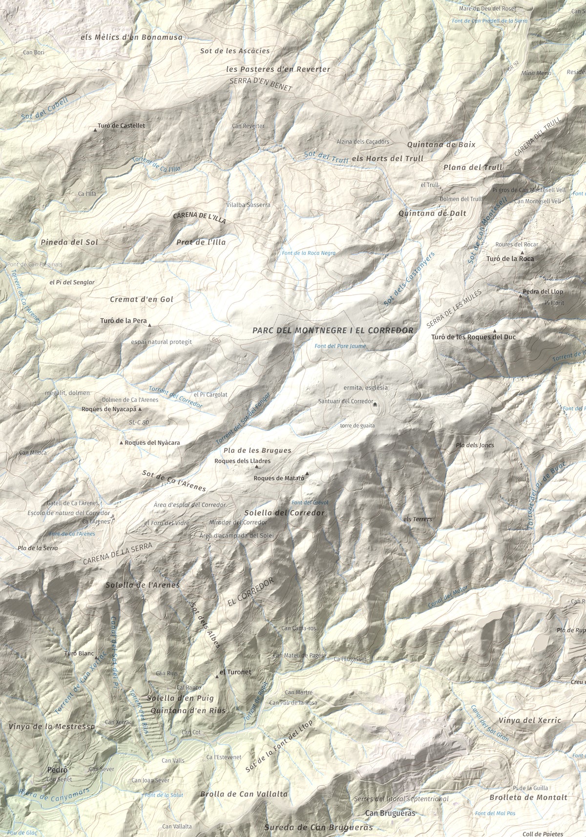 Mapa de relieve de Montalt, 597 m, Maresme, lámina 100 Cims de Trobart. Detalle de la zona superior izquierda. 70 × 100 cm.