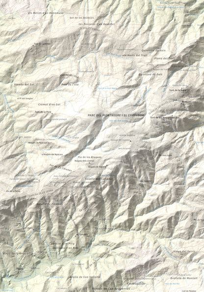 Mapa de relieve de Montalt, 597 m, Maresme, lámina 100 Cims de Trobart. Detalle de la zona superior izquierda. 70 × 100 cm.