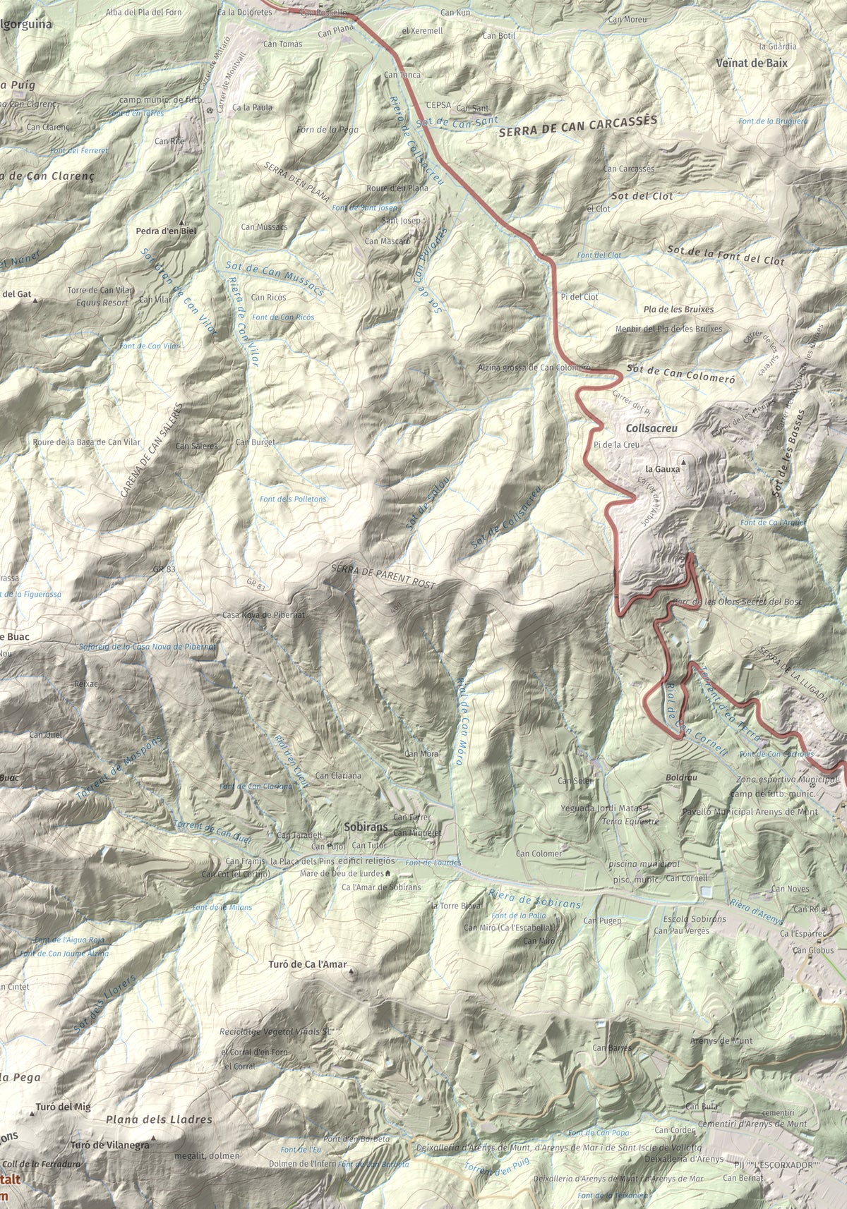 Mapa de relieve de Montalt, 597 m, Maresme, lámina 100 Cims de Trobart. Detalle de la zona superior derecha. 70 × 100 cm.