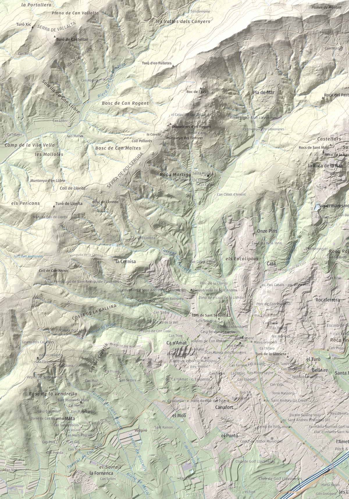 Mapa de relieve de Montalt, 597 m, Maresme, lámina 100 Cims de Trobart. Detalle de la zona inferior izquierda. 70 × 100 cm.