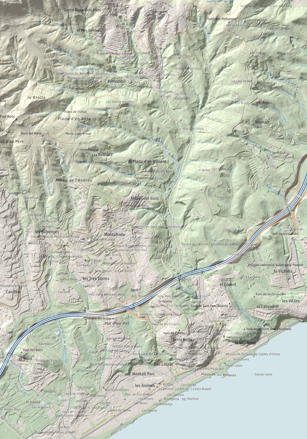 Mapa de relieve de Montalt, 597 m, Maresme, lámina 100 Cims de Trobart. Detalle de la zona inferior derecha. 70 × 100 cm.