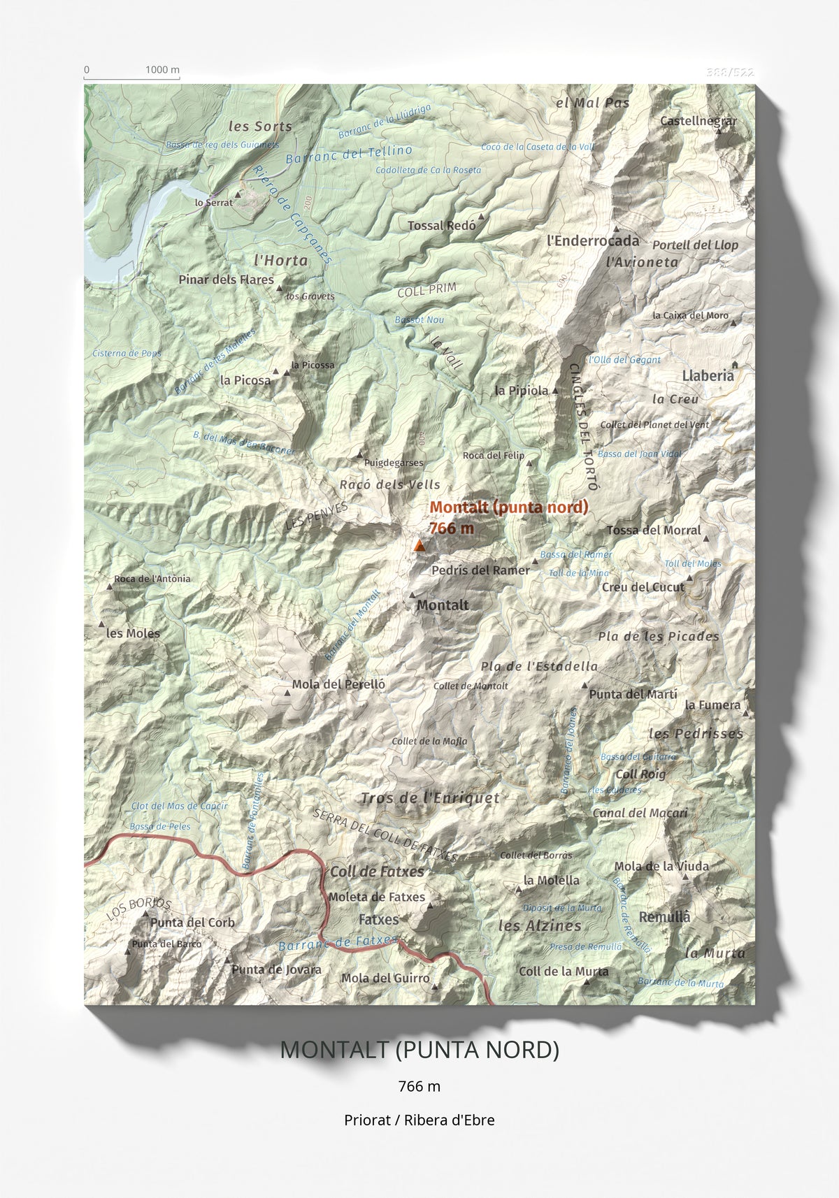 Mapa de relieve de Montalt (punta nord), 766 m, Priorat · Ribera d'Ebre, lámina 100 Cims de Trobart 21 × 30 cm.