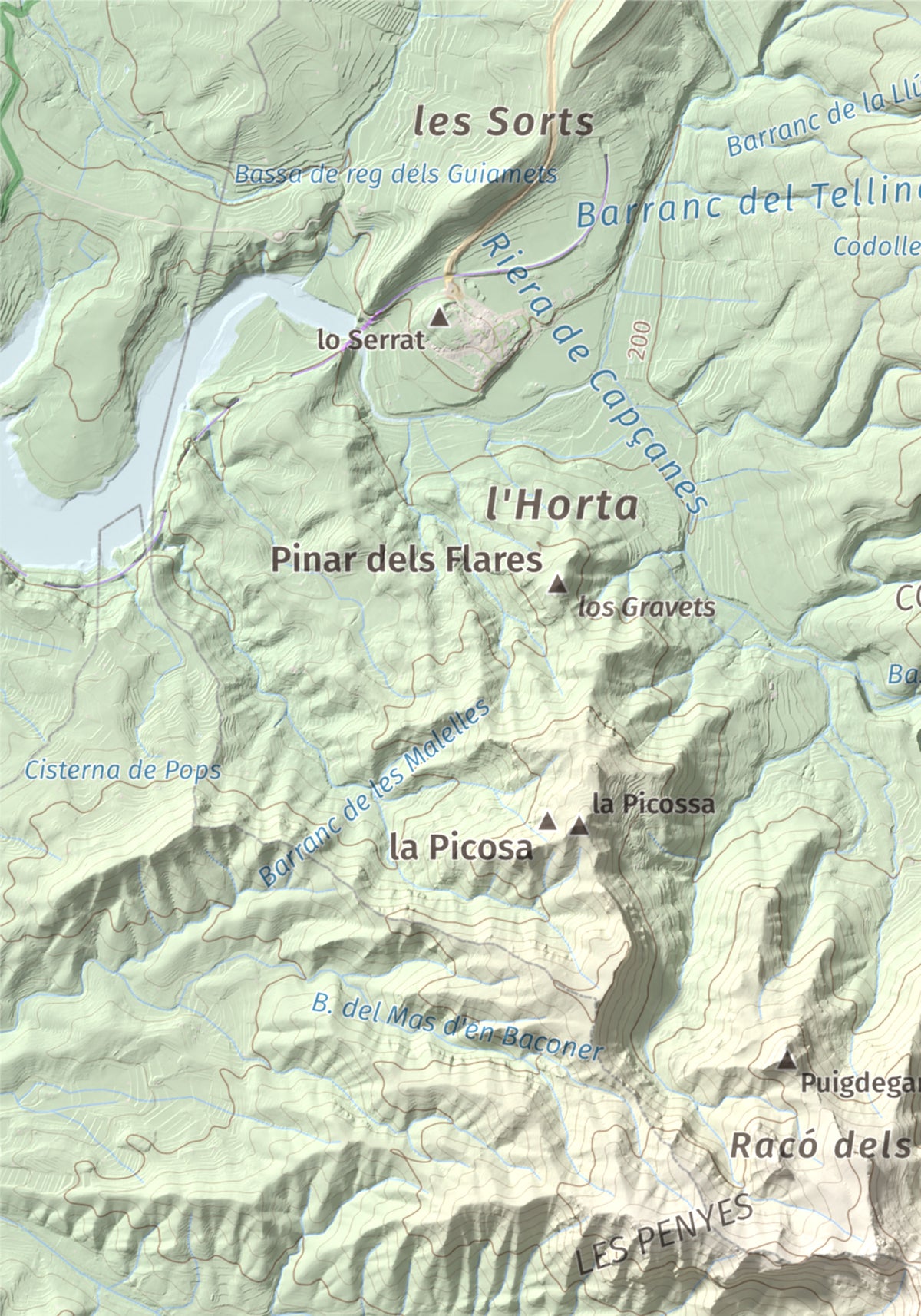 Mapa de relieve de Montalt (punta nord), 766 m, Priorat · Ribera d'Ebre, lámina 100 Cims de Trobart. Detalle de la zona superior izquierda. 21 × 30 cm.