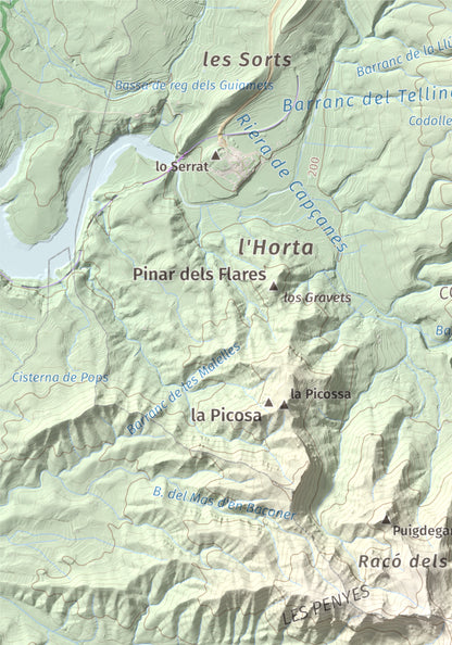 Mapa de relieve de Montalt (punta nord), 766 m, Priorat · Ribera d'Ebre, lámina 100 Cims de Trobart. Detalle de la zona superior izquierda. 21 × 30 cm.