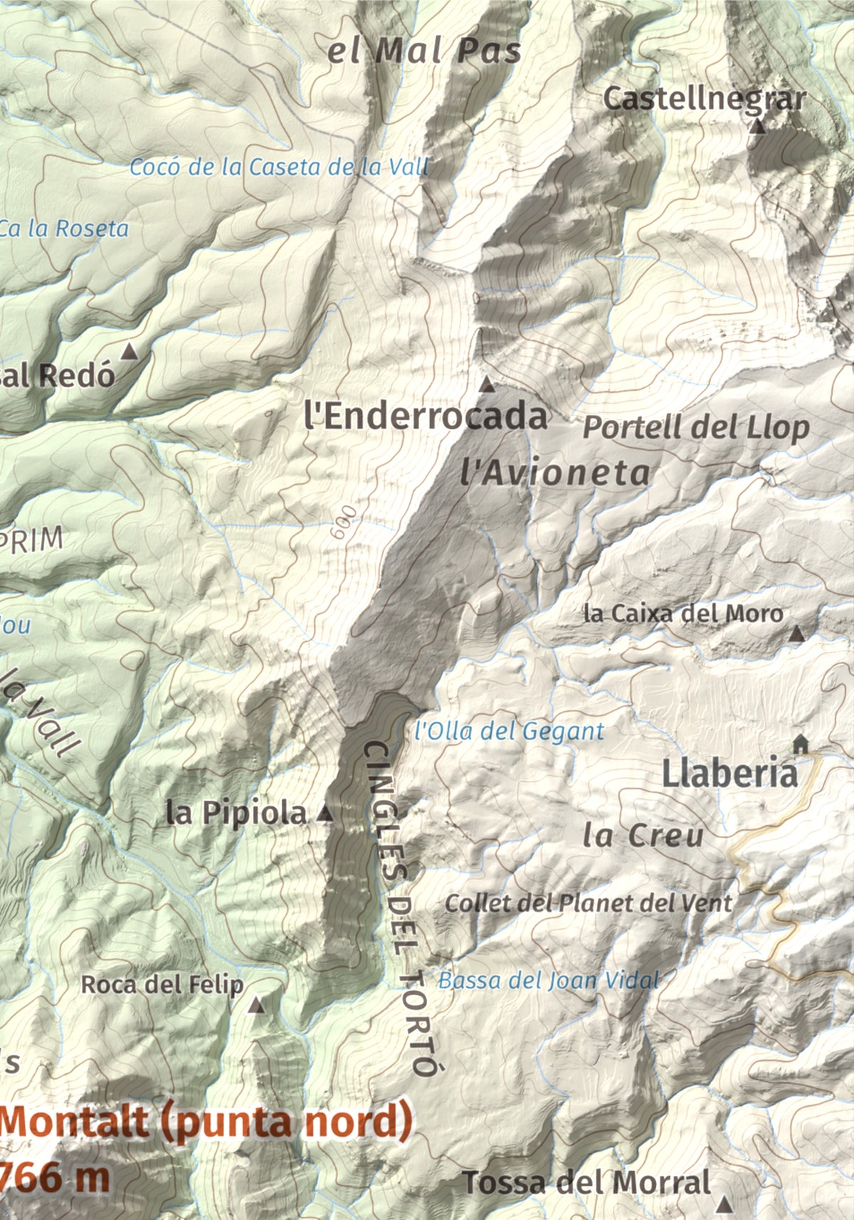 Mapa de relieve de Montalt (punta nord), 766 m, Priorat · Ribera d'Ebre, lámina 100 Cims de Trobart. Detalle de la zona superior derecha. 21 × 30 cm.