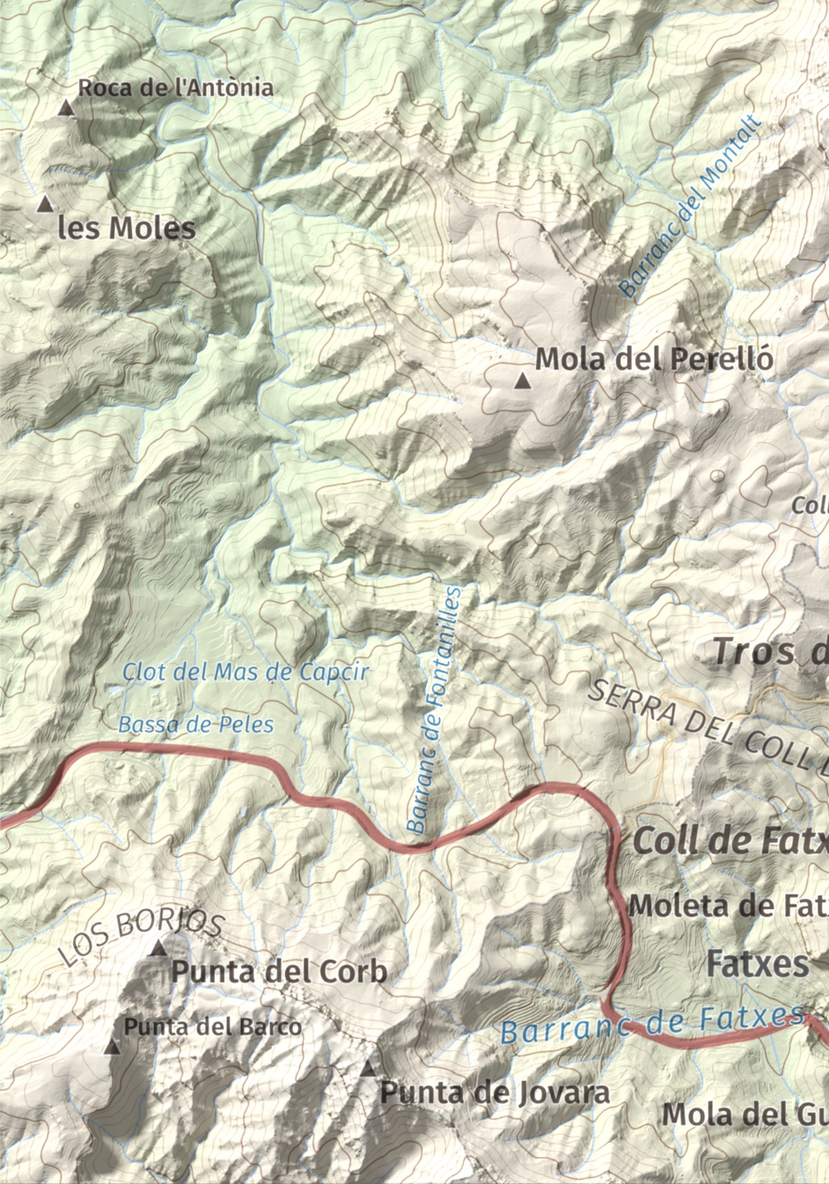 Mapa de relieve de Montalt (punta nord), 766 m, Priorat · Ribera d'Ebre, lámina 100 Cims de Trobart. Detalle de la zona inferior izquierda. 21 × 30 cm.