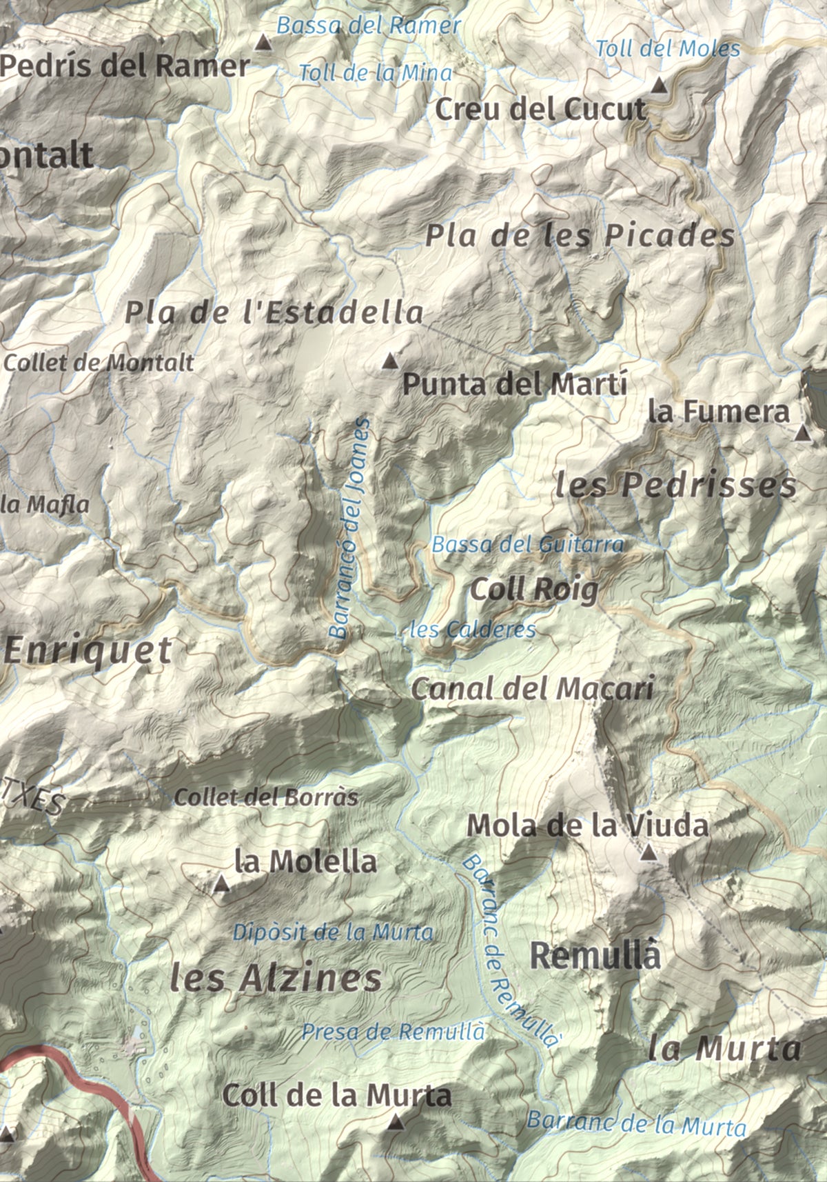 Mapa de relieve de Montalt (punta nord), 766 m, Priorat · Ribera d'Ebre, lámina 100 Cims de Trobart. Detalle de la zona inferior derecha. 21 × 30 cm.