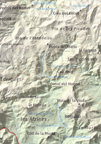 Mapa de relieve de Montalt (punta nord), 766 m, Priorat · Ribera d'Ebre, lámina 100 Cims de Trobart. Detalle de la zona inferior derecha. 21 × 30 cm.