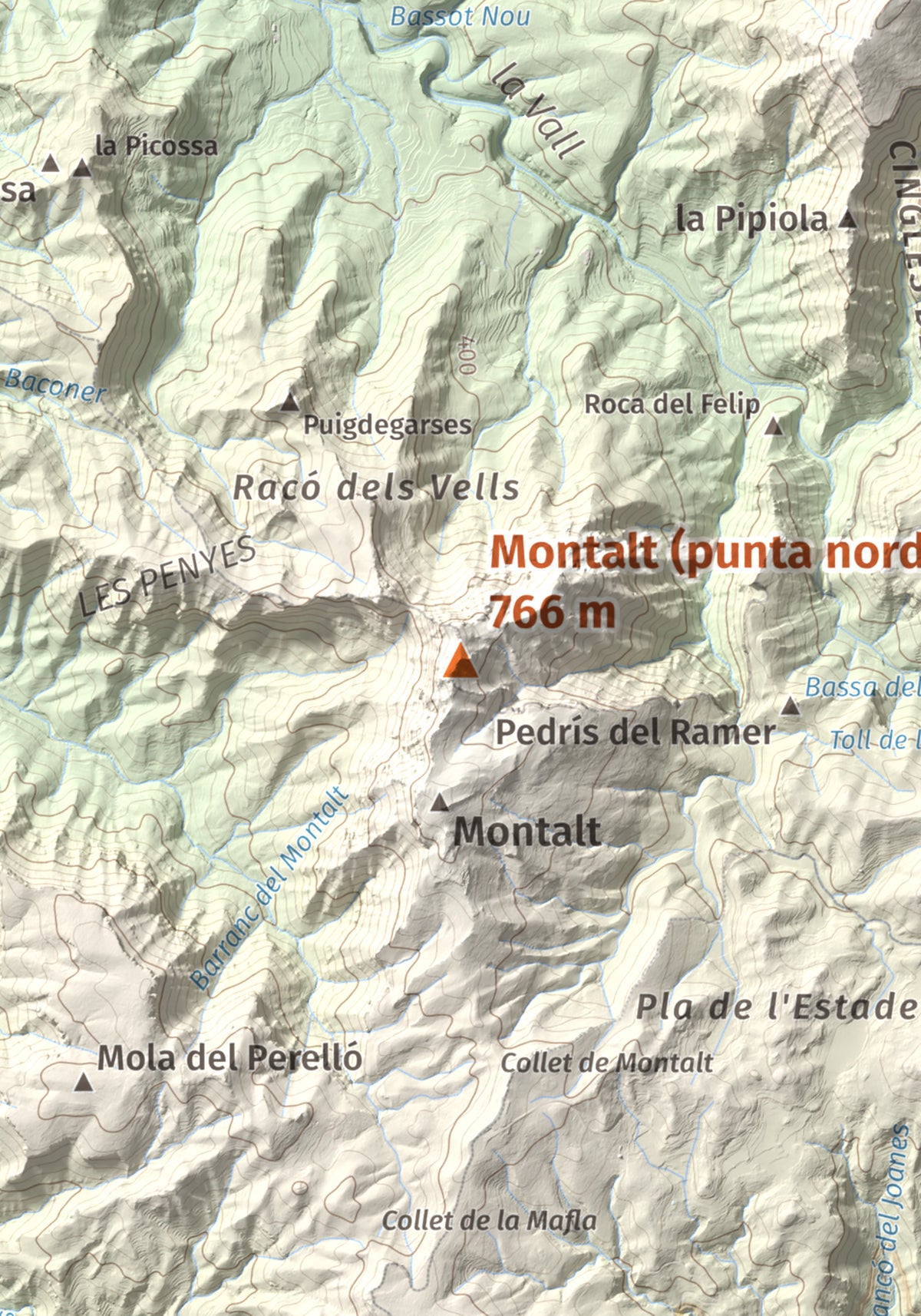 Mapa de relieve de Montalt (punta nord), 766 m, Priorat · Ribera d'Ebre, lámina 100 Cims de Trobart. Detalle de la zona central. 21 × 30 cm.