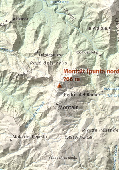 Mapa de relieve de Montalt (punta nord), 766 m, Priorat · Ribera d'Ebre, lámina 100 Cims de Trobart. Detalle de la zona central. 21 × 30 cm.