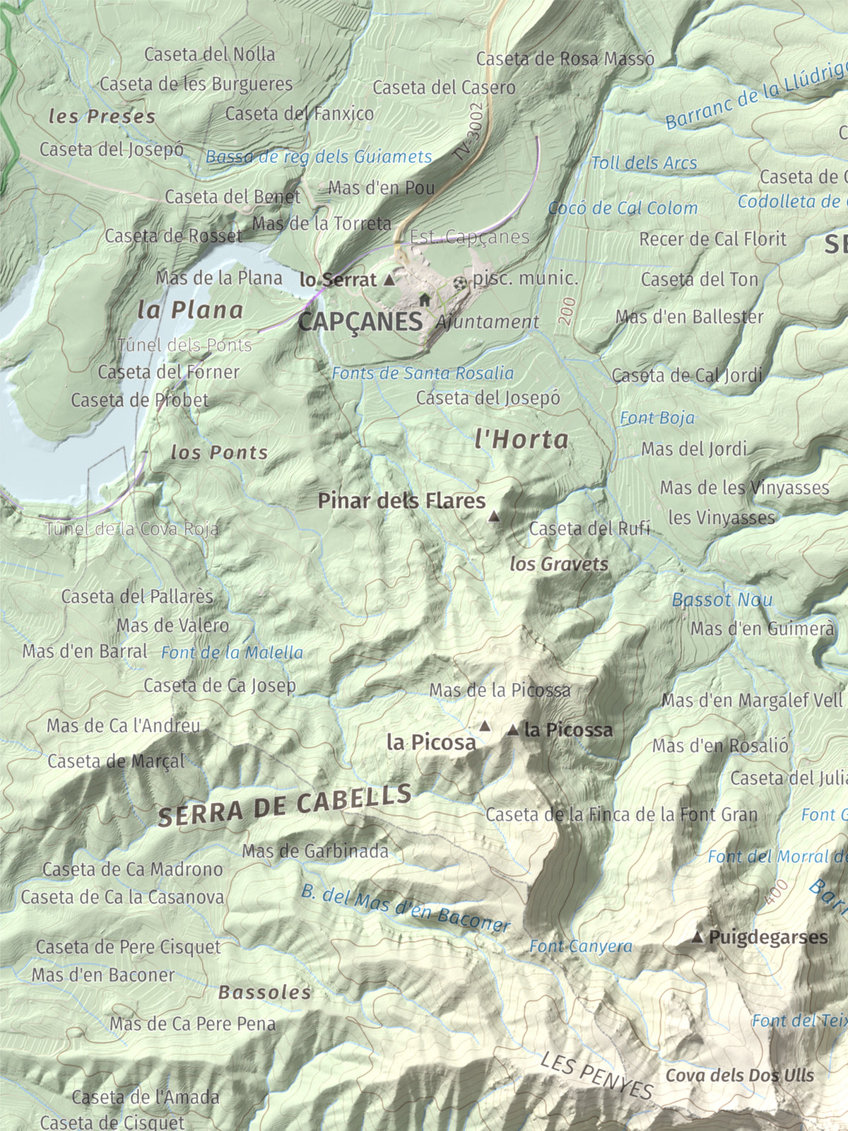 Mapa de relieve de Montalt (punta nord), 766 m, Priorat · Ribera d'Ebre, lámina 100 Cims de Trobart. Detalle de la zona superior izquierda. 30 × 40 cm.