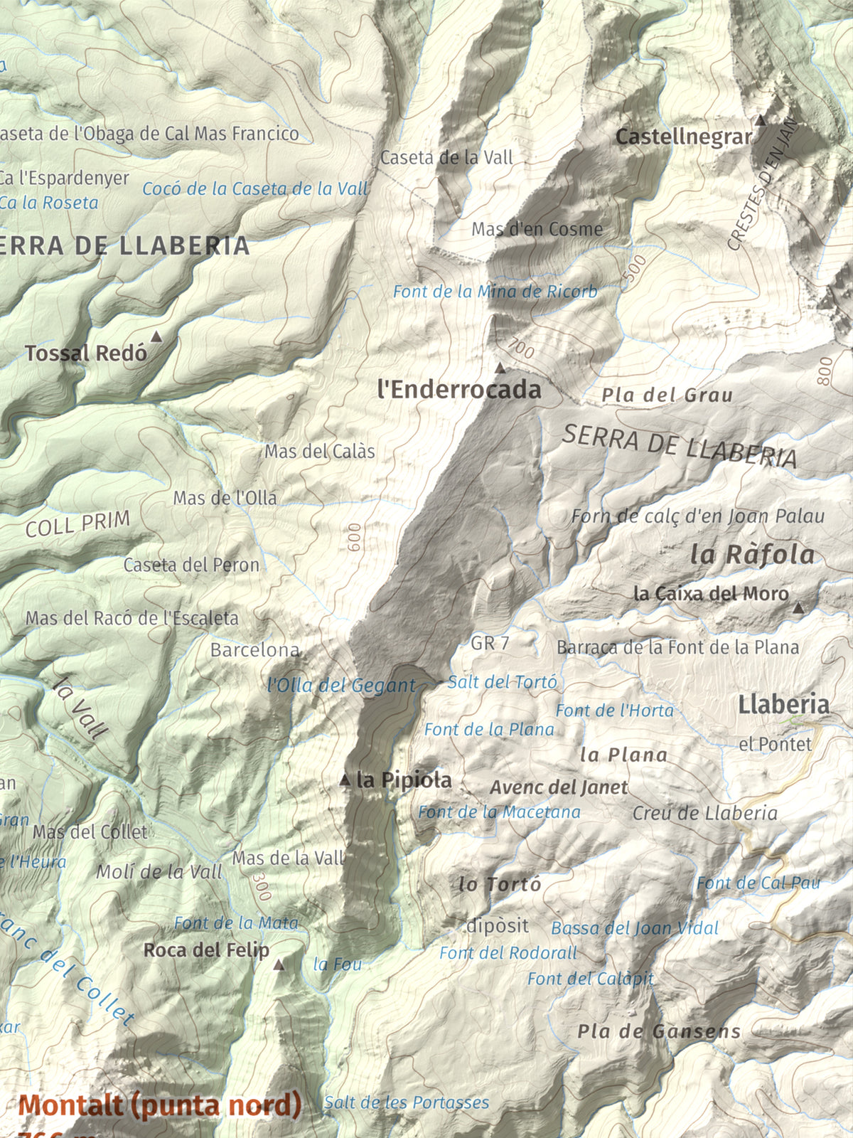 Mapa de relieve de Montalt (punta nord), 766 m, Priorat · Ribera d'Ebre, lámina 100 Cims de Trobart. Detalle de la zona superior derecha. 30 × 40 cm.