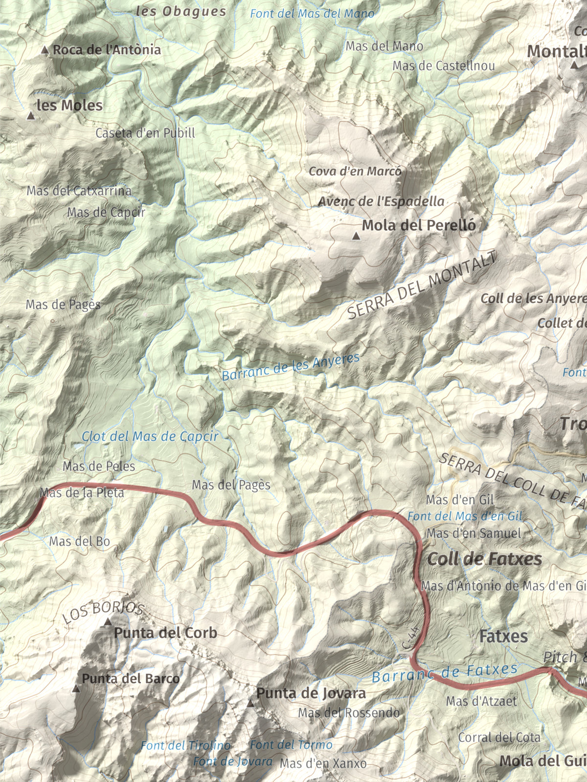 Mapa de relieve de Montalt (punta nord), 766 m, Priorat · Ribera d'Ebre, lámina 100 Cims de Trobart. Detalle de la zona inferior izquierda. 30 × 40 cm.