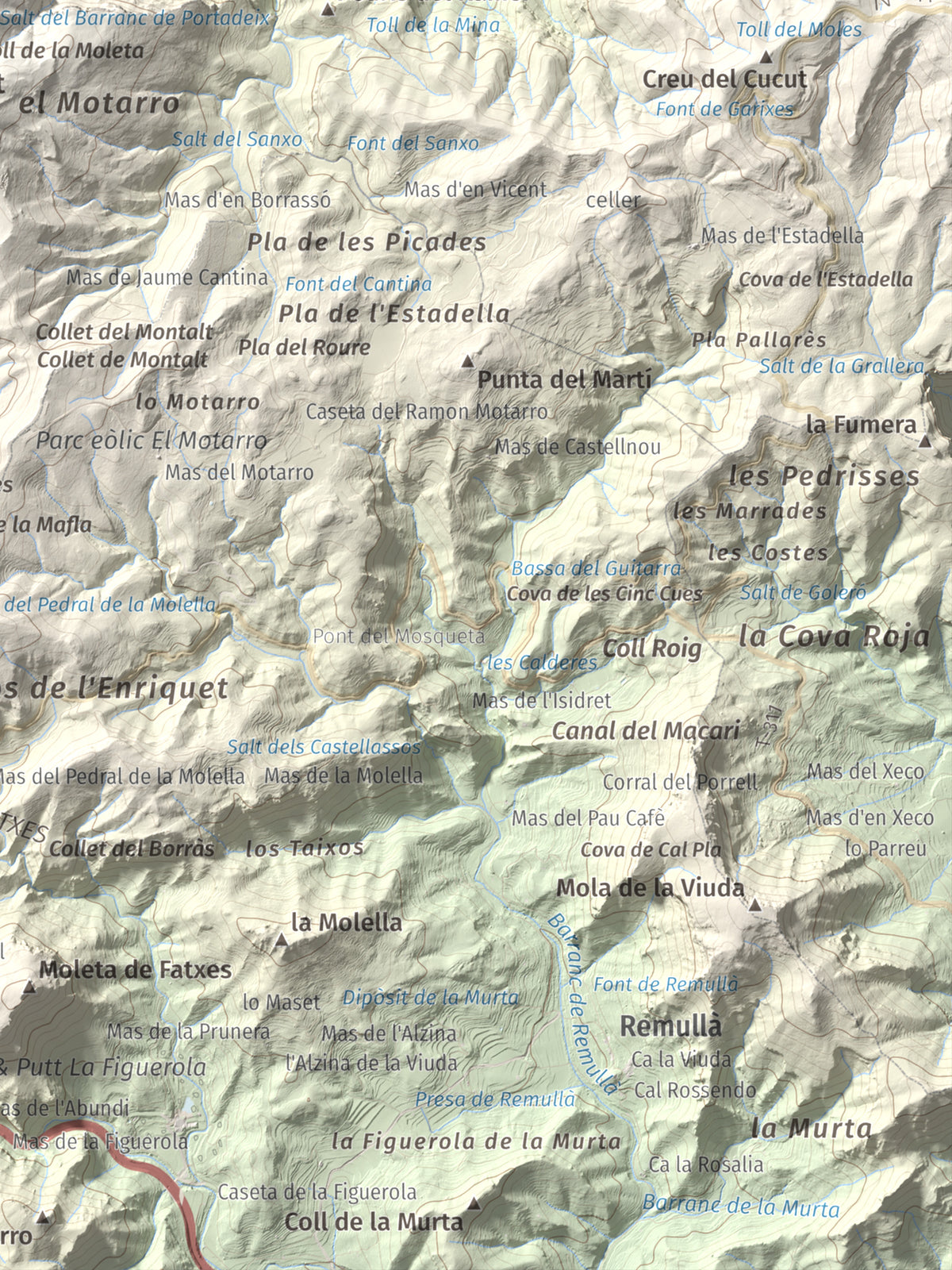 Mapa de relieve de Montalt (punta nord), 766 m, Priorat · Ribera d'Ebre, lámina 100 Cims de Trobart. Detalle de la zona inferior derecha. 30 × 40 cm.