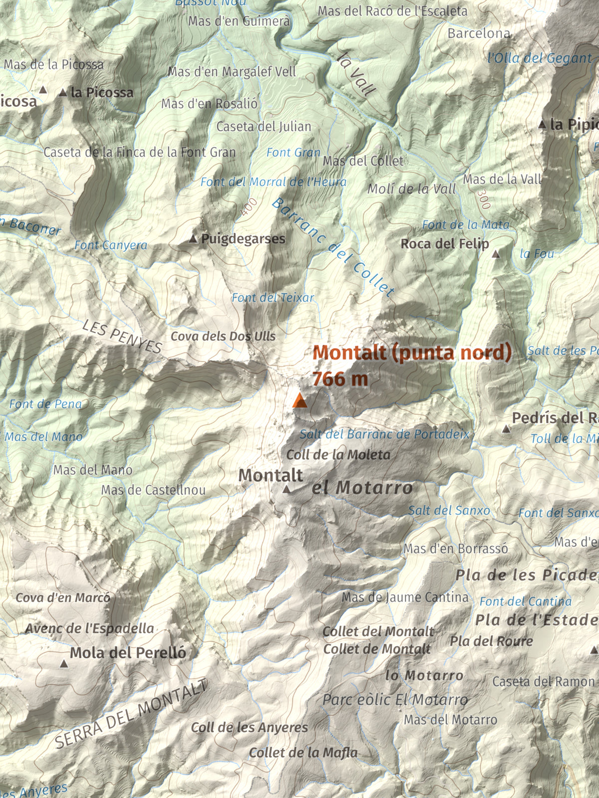 Mapa de relieve de Montalt (punta nord), 766 m, Priorat · Ribera d'Ebre, lámina 100 Cims de Trobart. Detalle de la zona central. 30 × 40 cm.