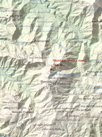 Mapa de relieve de Montalt (punta nord), 766 m, Priorat · Ribera d'Ebre, lámina 100 Cims de Trobart. Detalle de la zona central. 30 × 40 cm.