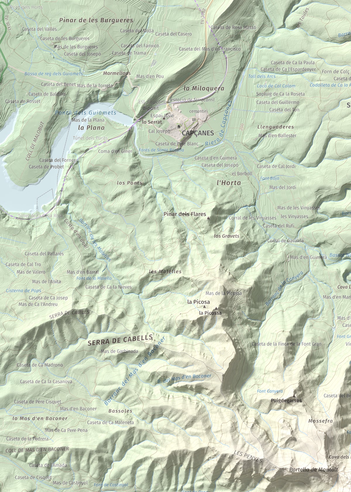 Mapa de relieve de Montalt (punta nord), 766 m, Priorat · Ribera d'Ebre, lámina 100 Cims de Trobart. Detalle de la zona superior izquierda. 50 × 70 cm.