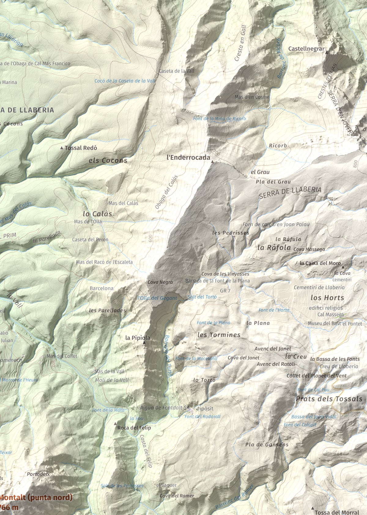 Mapa de relieve de Montalt (punta nord), 766 m, Priorat · Ribera d'Ebre, lámina 100 Cims de Trobart. Detalle de la zona superior derecha. 50 × 70 cm.