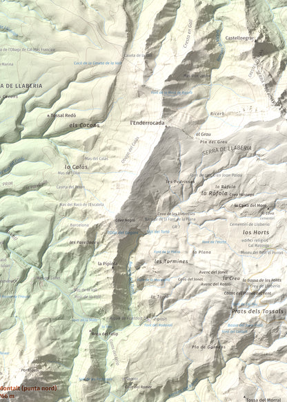 Mapa de relieve de Montalt (punta nord), 766 m, Priorat · Ribera d'Ebre, lámina 100 Cims de Trobart. Detalle de la zona superior derecha. 50 × 70 cm.