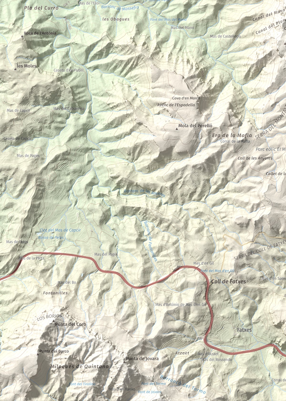 Mapa de relieve de Montalt (punta nord), 766 m, Priorat · Ribera d'Ebre, lámina 100 Cims de Trobart. Detalle de la zona inferior izquierda. 50 × 70 cm.