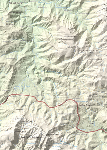 Mapa de relieve de Montalt (punta nord), 766 m, Priorat · Ribera d'Ebre, lámina 100 Cims de Trobart. Detalle de la zona inferior izquierda. 50 × 70 cm.