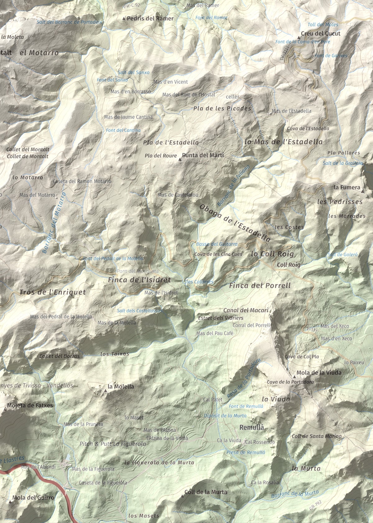 Mapa de relieve de Montalt (punta nord), 766 m, Priorat · Ribera d'Ebre, lámina 100 Cims de Trobart. Detalle de la zona inferior derecha. 50 × 70 cm.
