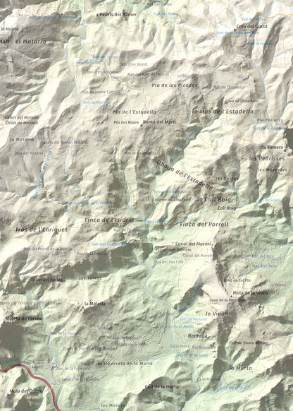 Mapa de relieve de Montalt (punta nord), 766 m, Priorat · Ribera d'Ebre, lámina 100 Cims de Trobart. Detalle de la zona inferior derecha. 50 × 70 cm.