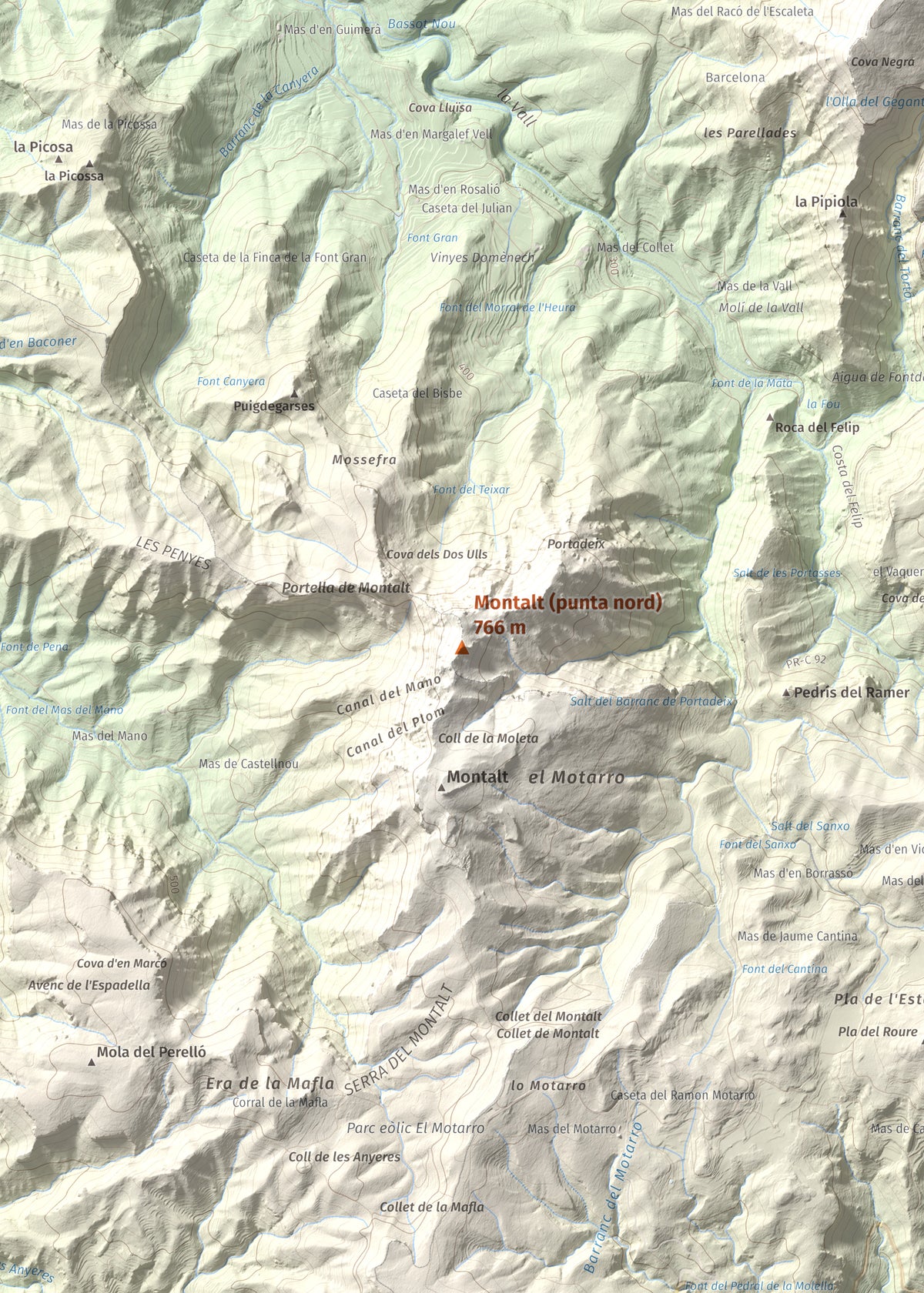 Mapa de relieve de Montalt (punta nord), 766 m, Priorat · Ribera d'Ebre, lámina 100 Cims de Trobart. Detalle de la zona central. 50 × 70 cm.