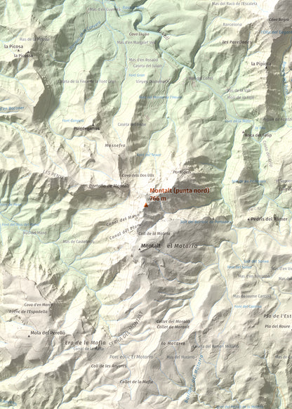 Mapa de relieve de Montalt (punta nord), 766 m, Priorat · Ribera d'Ebre, lámina 100 Cims de Trobart. Detalle de la zona central. 50 × 70 cm.