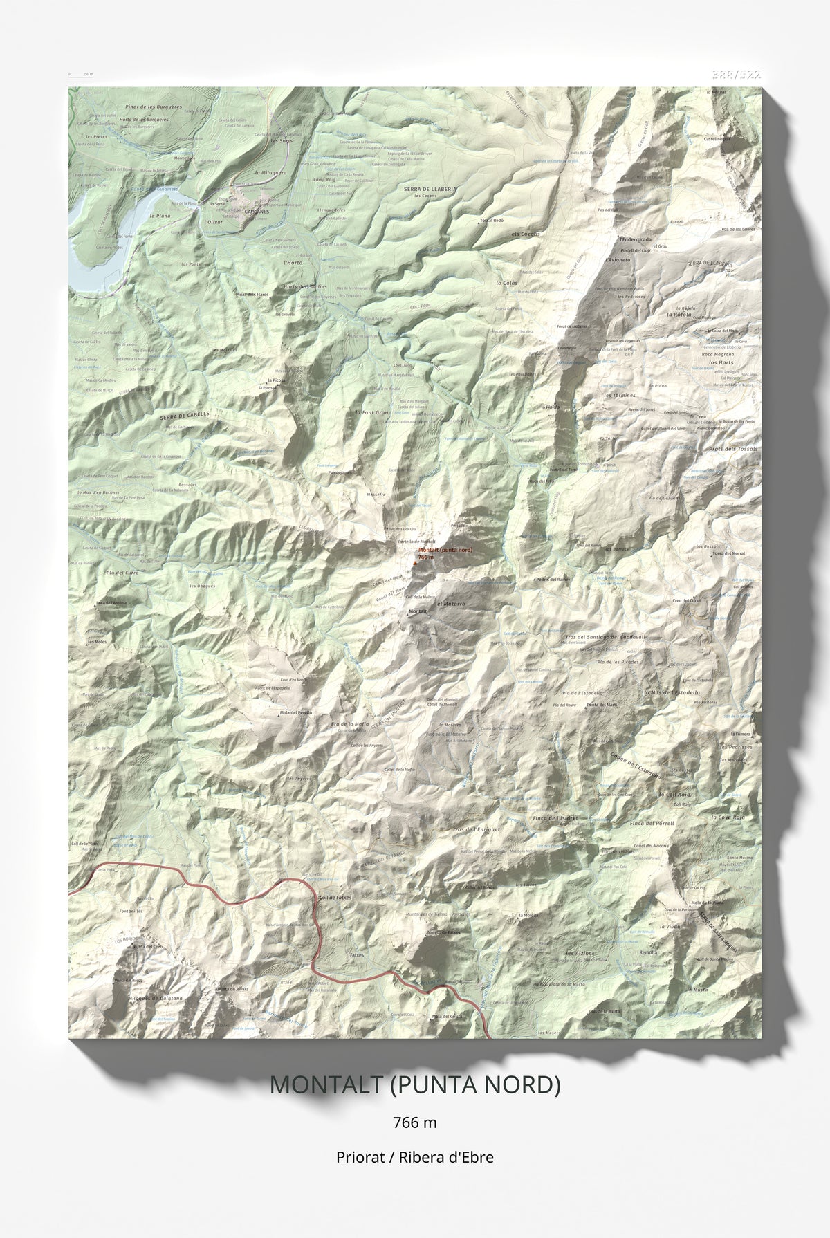 Mapa de relieve de Montalt (punta nord), 766 m, Priorat · Ribera d'Ebre, lámina 100 Cims de Trobart 61 × 91 cm.